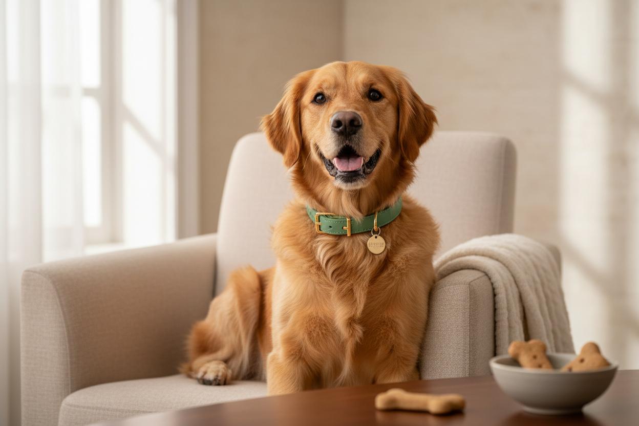 Happy dog wearing ATIANSEN collar